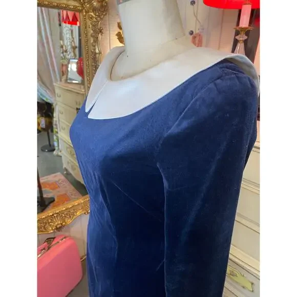vintage 1980s blue velveteen gown reverse collar french cuffs 80s fashion velvet - Picture 7 of 10